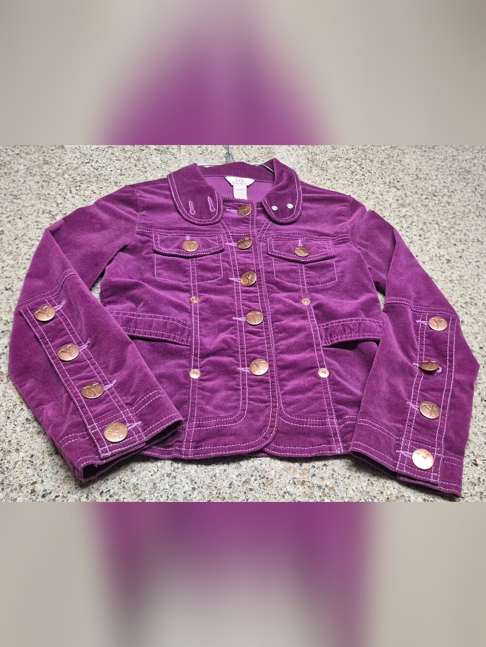 YES Quality Apparel Girl's L 10/12 Purple Velvet Button-Front Utility Jacket Y2K
